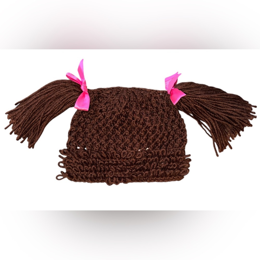 Cabbage Patch Kid Crochet Hat Wig Brown Hair Pig Tails Infant Toddler Childrens